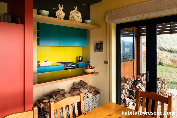 kitchen, living room, red, blue, yellow, brown