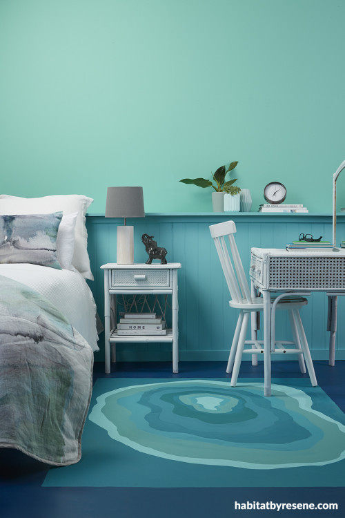 bedroom, aqua bedroom, aqua interior, aqua feature wall, blue painted floor, aqua tones