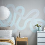 bedroom, grey bedroom, grey and blue interior, painted feature wall, wave inspired wall