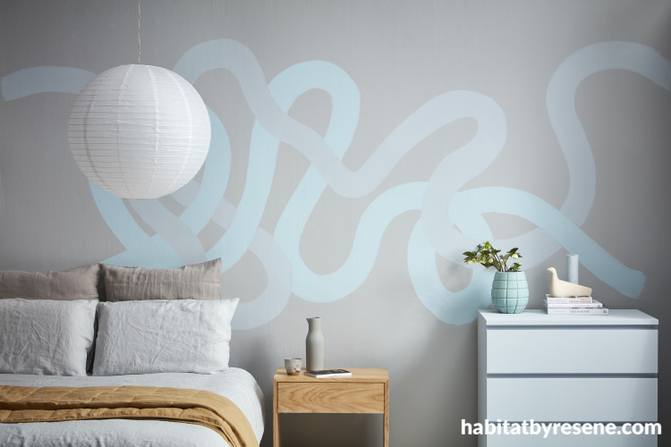 bedroom, grey bedroom, grey and blue interior, painted feature wall, wave inspired wall