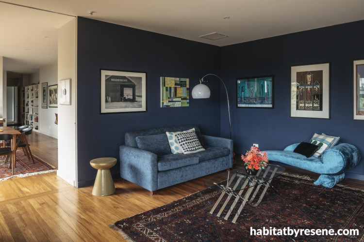 living room, lounge, blue living room, blue lounge, blue feature wall, resene midnight express