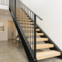 resene alabaster, white walls, scandi design, white entrance, entranceway, hallway, steel staircase