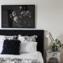bedroom, white bedroom, black and white bedroom, floral inspired bedroom