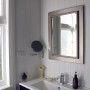 bathroom, grey ceiling, white bathroom, blue cabinet, blue and white, white and grey