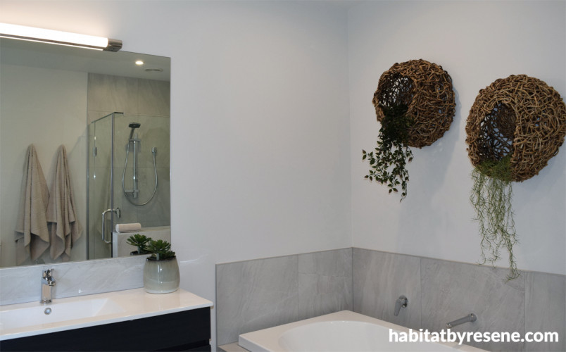 bathroom, main bathroom, neutral bathroom, white bathroom, grey bathroom tiles, resene white pointer