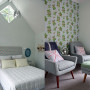 bedroom, snug, guest bedroom, green snug, green bedroom, wallpaper feature wall, pale green
