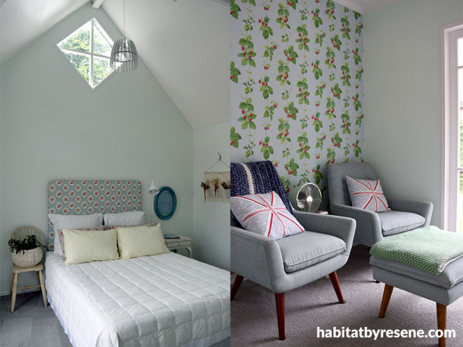 bedroom, snug, guest bedroom, green snug, green bedroom, wallpaper feature wall, pale green
