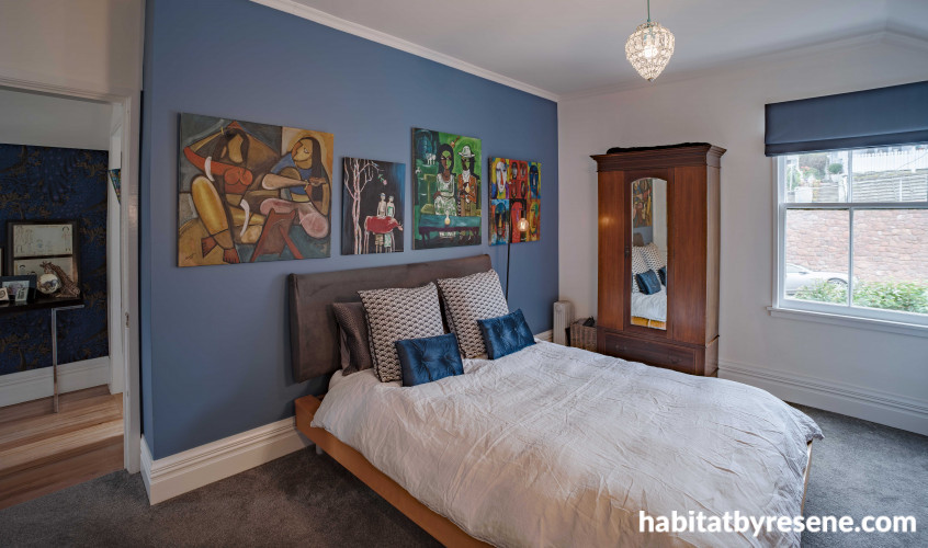 bedroom, blue bedroom, blue feature wall, blue and white bedroom, master bedroom