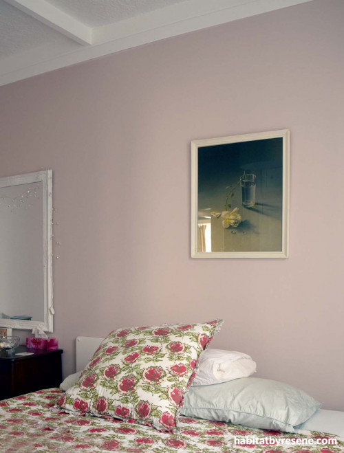 bedroom, guest bedroom, pink bedroom, pastel pink, dusky pink, pink walls, vintage, retro