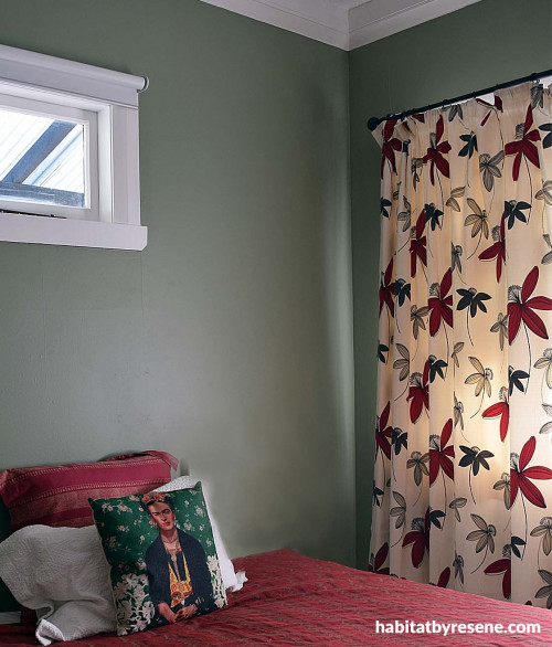 bedroom, guest bedroom, green bedroom, olive green, green walls, green and red
