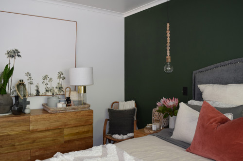bedroom, green bedroom, green feature wall, resene black white, pendant light, resene seaweed