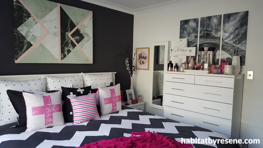 grey bedroom, painted furniture, painted wardrobe, feature wall