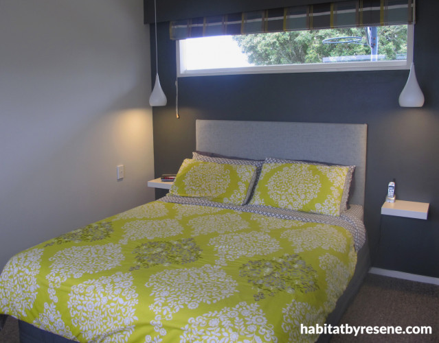 master bedroom, grey bedroom, green and grey, 1970s home, retro house