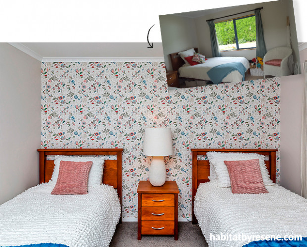 wallpaper feature wall, floral wallpaper, floral feature wall, floral bedroom, wallpaper inspiration