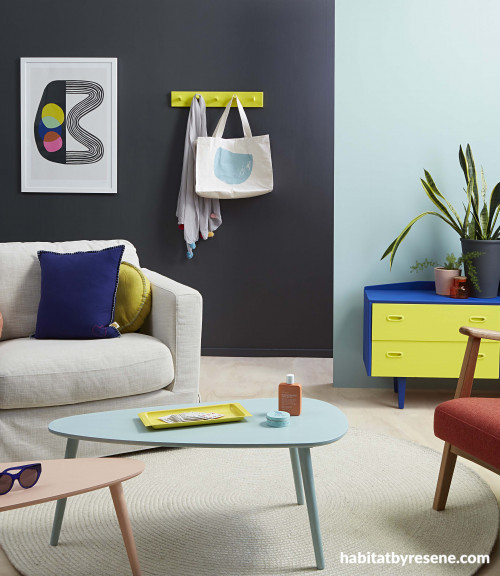 living room, lounge, bach interior, black feature wall, colourful living, resene nocturnal, retro