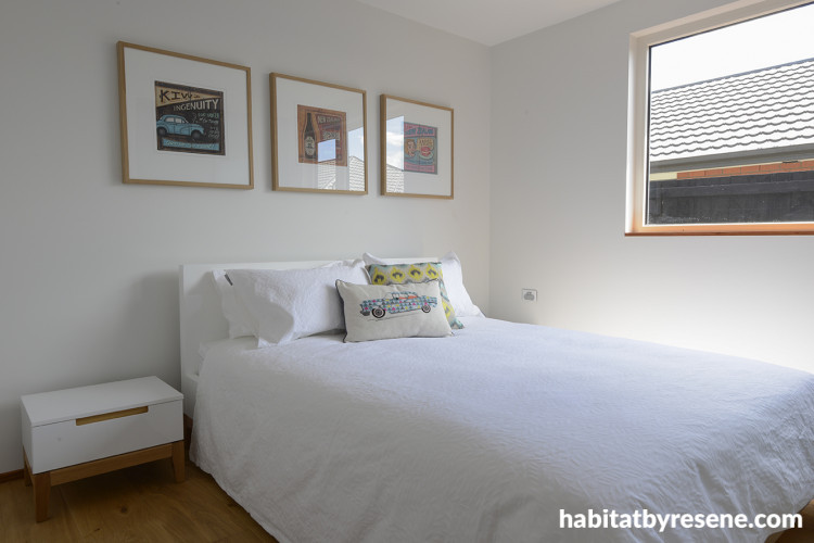 bedroom, white bedroom, eco-friendly home, Kiwiana prints, timber floors, white walls 