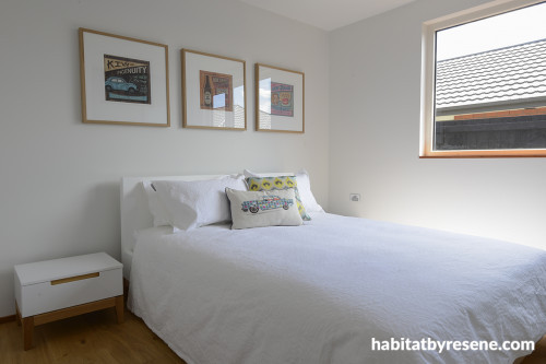 bedroom, white bedroom, eco-friendly home, Kiwiana prints, timber floors, white walls