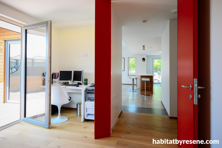 study, living area, white study, white living area, red door, red study, red and white