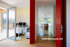study, living area, white study, white living area, red door, red study, red and white