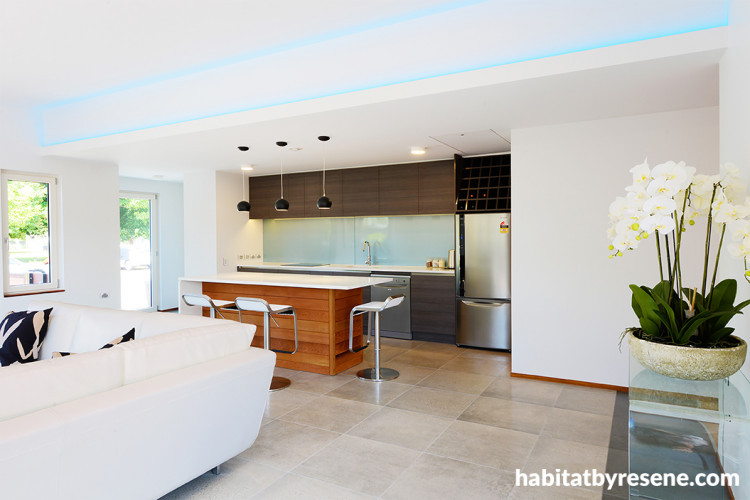 kitchen, white kitchen, white living room, open plan living, white lounge, efficient home