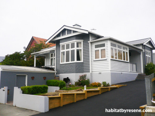 house exterior, painted weatherboards, grey painted exterior, grey and white paint, grey house