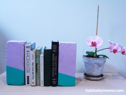 diy bookends, upcycling, painted bookends, brick bookends, purple bookends, diy project