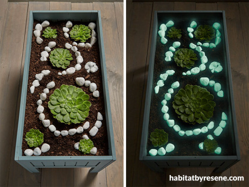 diy, outdoor ideas, garden ideas, glowing pebbles, resene fx nightlight, glow in the dark effect