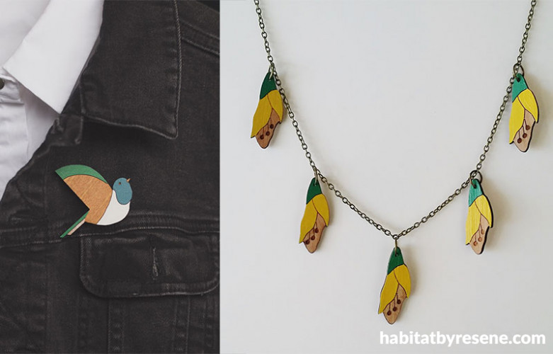 kowhai necklace, bird brooch, wooden necklace, wooden brooch, painted necklance, painted brooch