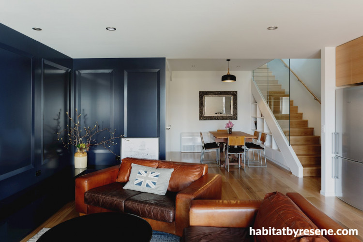 lounge, living room, dining room, blue feature wall, blue and white lounge