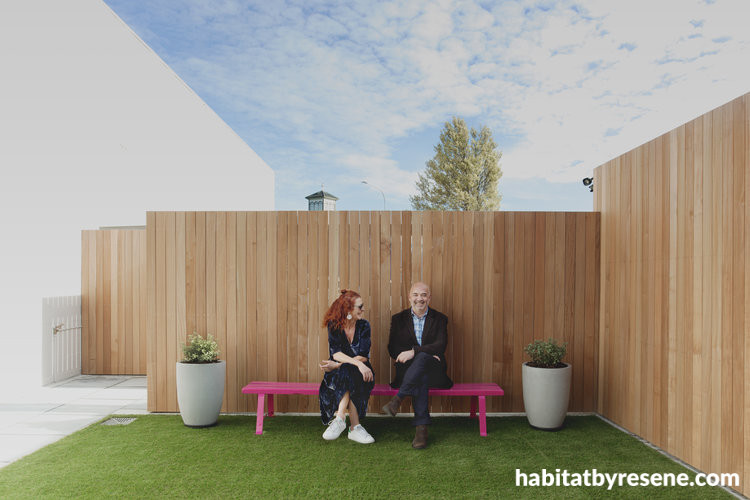 garden, cottage, pink benchseat, outdoor living, exterior, garden benchseat