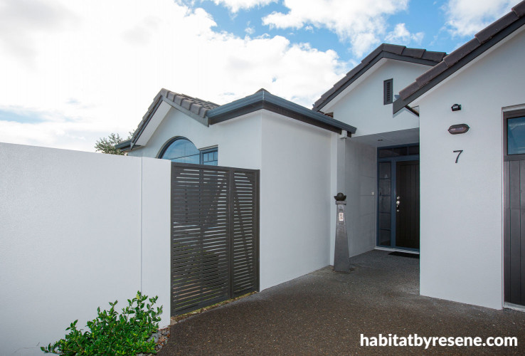 exterior, white, resene bokara grey, resene double truffle