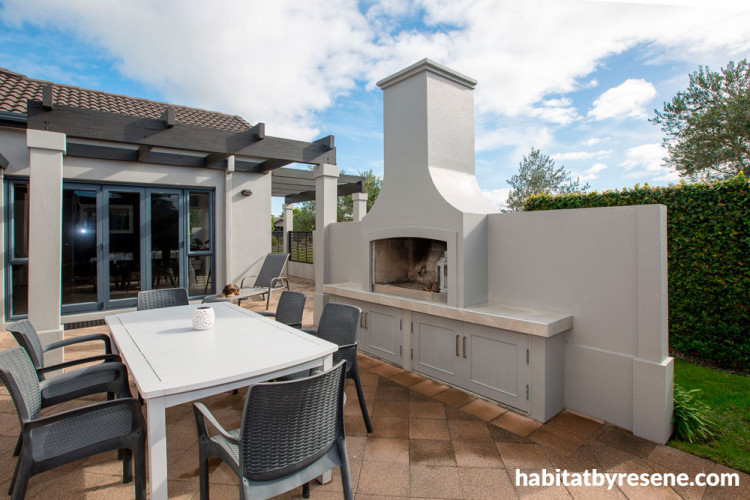 exterior, white, pergola, resene bokara grey, resene double truffle