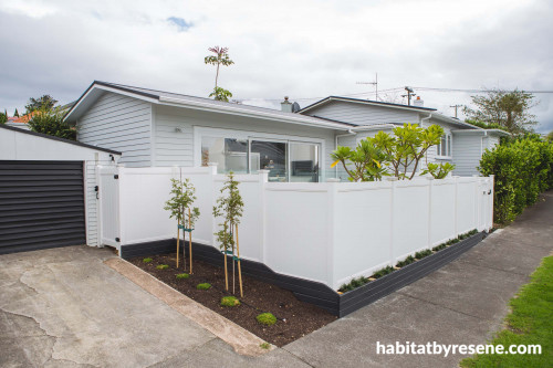 house exterior, grey exterior, white painted fence, resene alabaster, exterior inspiration