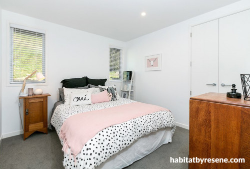 Bedroom, white, paint, interior, pink, grey, wood, light white walls, pastel 