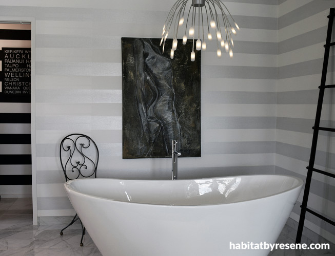 french country, bathroom, ensuite, striped wallpaper, silver bathroom, silver wallpaper