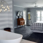 master bedroom, grey bedroom, ensuite, French country, grey bathroom, striped wallpaper