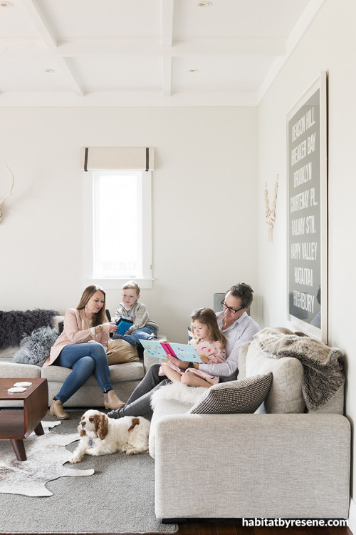 living room, white, bungalow, renovating a bungalow, bungalow renovation, resene merino