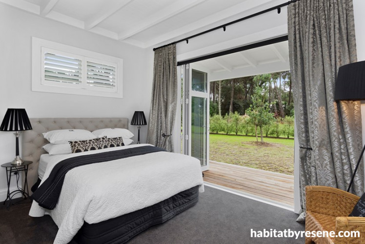 guest bedroom, bedroom, white bedroom, bedroom deck, taupe bedroom, neutral bedroom