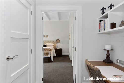 white bedroom, master bedroom, hallway study, hallway office, white home office