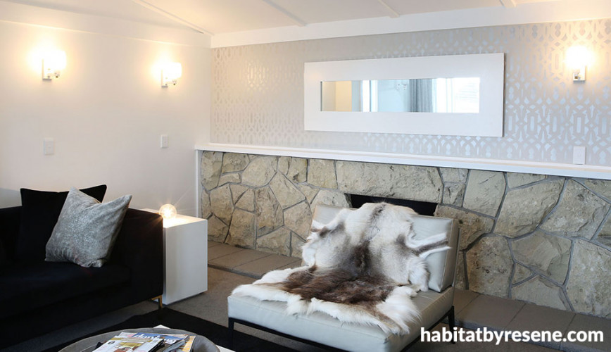 lounge, living room, stencil wall art, feature wall, retro lounge, metallic paint, stenciled feature