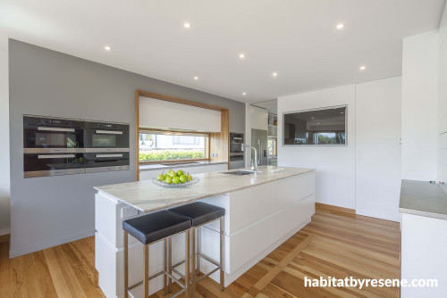 white kitchen, grey kitchen, grey feature wall, neutral kitchen, marble benchtop, grey and white 