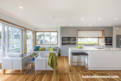 white kitchen, grey kitchen, grey feature wall, neutral kitchen, marble benchtop, grey and white 