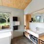bathroom, plywood ceiling, neutral bathroom, white bathroom, indoor plywood