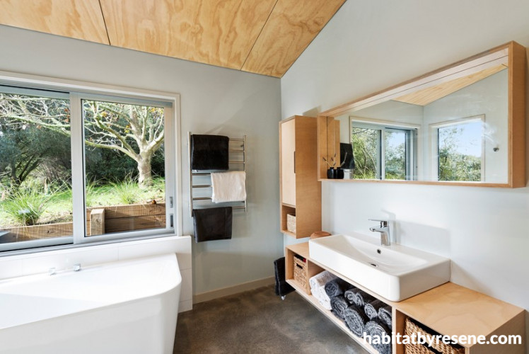 bathroom, plywood ceiling, neutral bathroom, white bathroom, indoor plywood