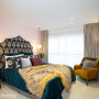 bedroom, guest bedroom, pink bedroom, peacock blue luxe, fabric headboard, mustard armchair 