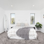 bedroom, grey bedroom, neutrals, white bedroom, white walls, grey carpet, warm greys