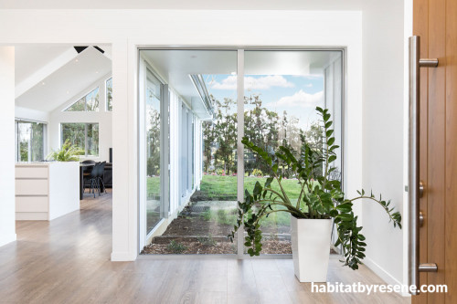 entranceway, wood front door, indoor plant, white living area, white house