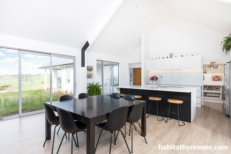 kitchen, white kitchen, black and white kitchen, open plan living, monochrome dining room