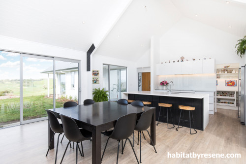 kitchen, white kitchen, black and white kitchen, open plan living, monochrome dining room