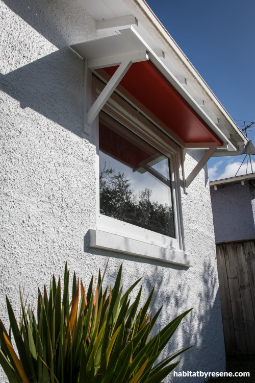 house exterior, White House, red awnings, 1920's villa, black door, Resene